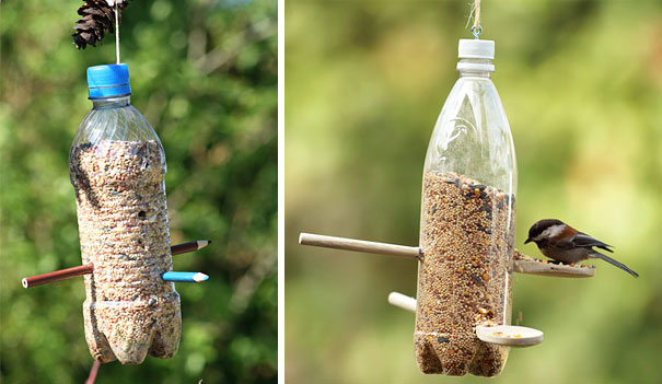 废弃饮料瓶制作环保喂鸟器